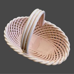 Small Baby Pink Ceramic Open Weave Basket With Handle 6 7/8 x 4 1/4” x 6”